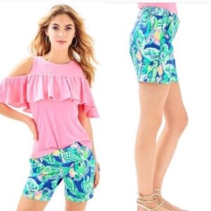 Lilly Pulitzer Jayne Stretch Shorts Beckon Blue Wake Up Call Tropical Print